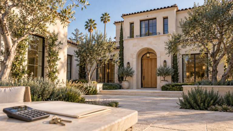 LA mansion tax impact on luxury Los Angeles home sales, featuring a modern hillside mansion overlooking the city.