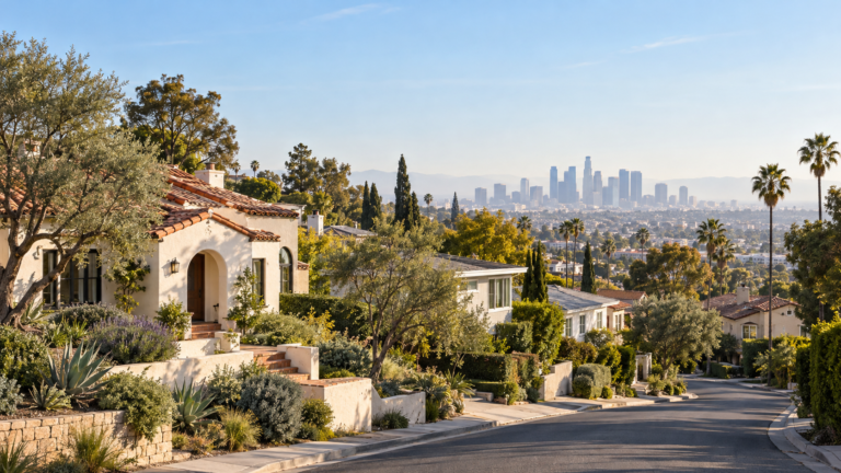 2027 housing forecast for Los Angeles showing residential neighborhoods, palm trees, and the downtown skyline.