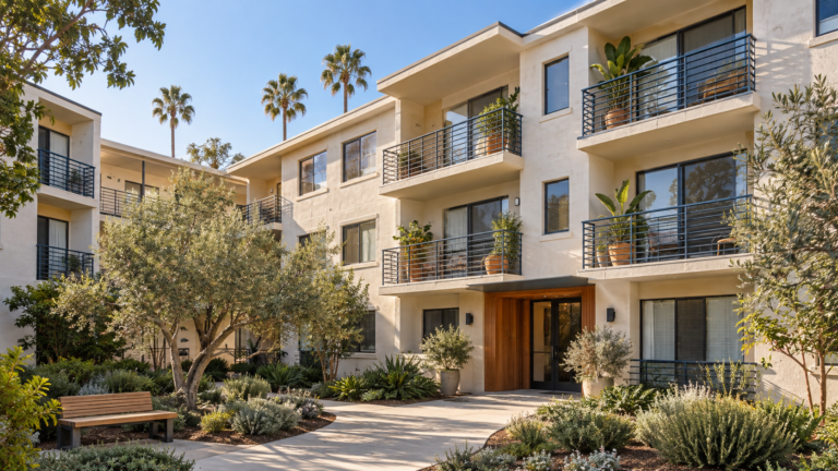 Buying a condo in LA featuring modern Los Angeles condominiums, palm-lined streets, and downtown city views.